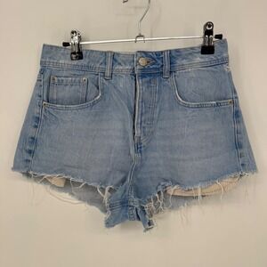 Zara Trafaluc Light Wash Distressed High Waisted Denim Shorts Button Fly Size 4